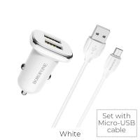 Автомобильная зарядка (АЗУ) Borofone BZ12 Lasting power (2 USB) 2400mAh + кабель micro USB белый