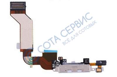 Шлейф для iphone 4s с разъемом зарядки (системным) и микрофоном 821-1301, белый